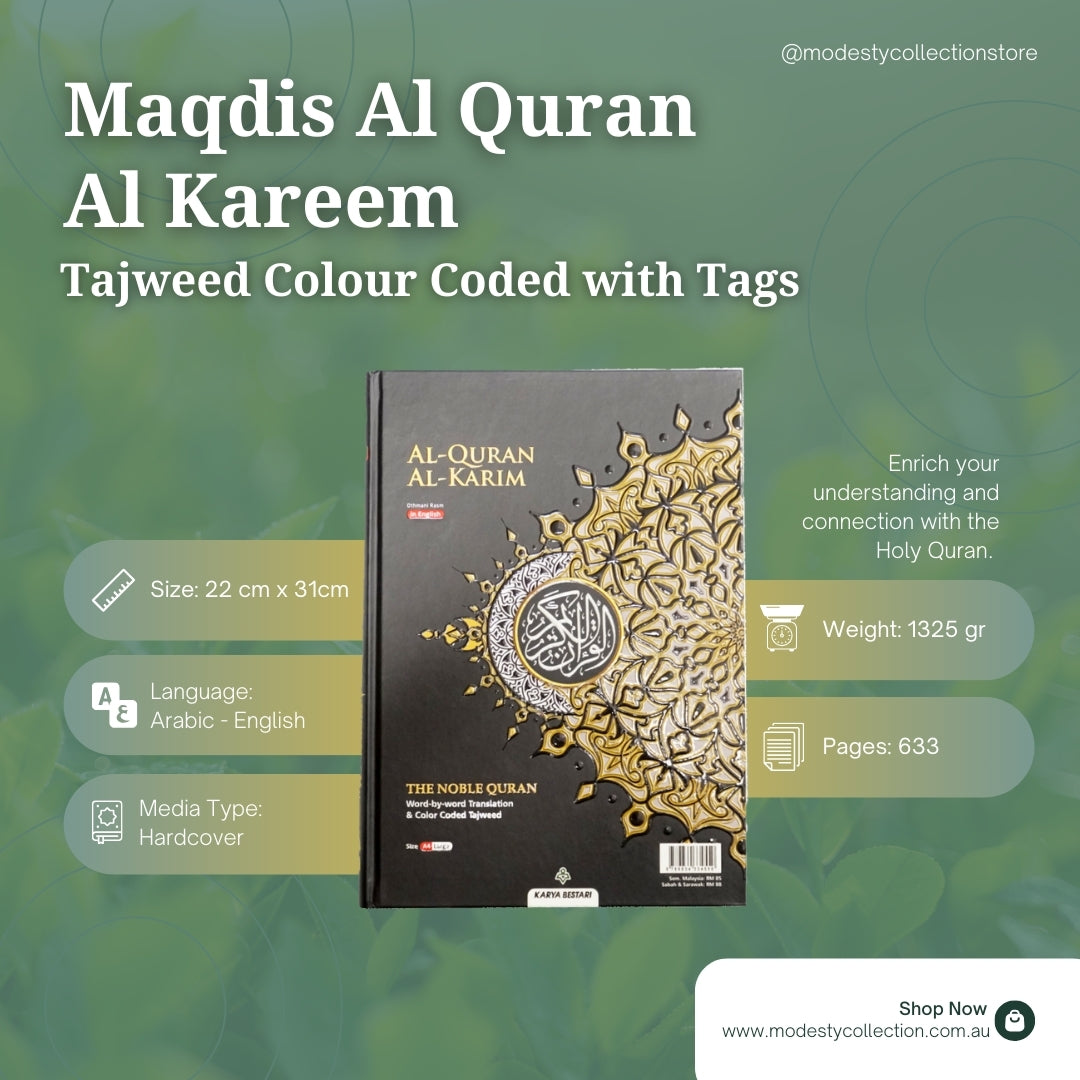 Maqdis A4 Large Al Quran Al Kareem Word-by-Word Translation Tajweed Colour Coded with 200 Tags of Verses + 30 Tags of Juz