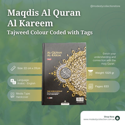 Maqdis A4 Large Al Quran Al Kareem Word-by-Word Translation Tajweed Colour Coded with 200 Tags of Verses + 30 Tags of Juz